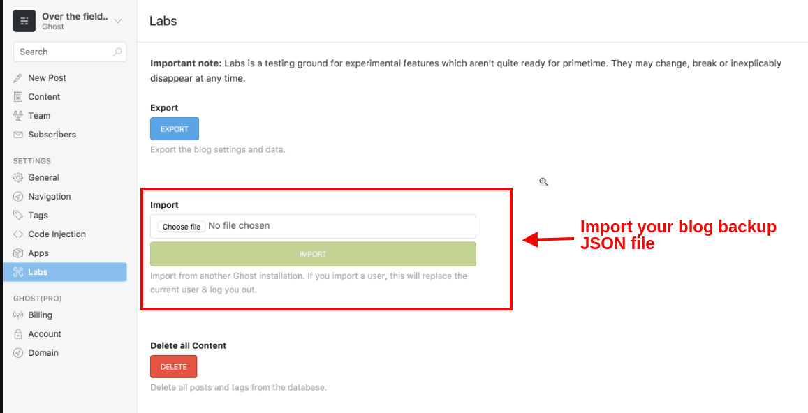 Import your ghost cms Backup JSON file credit by bitnami