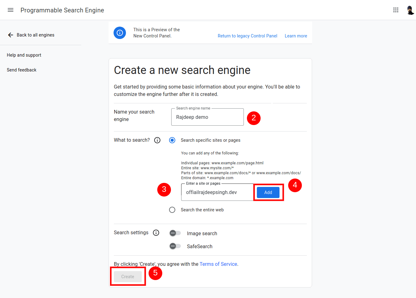 programmable search engine dashboard steps