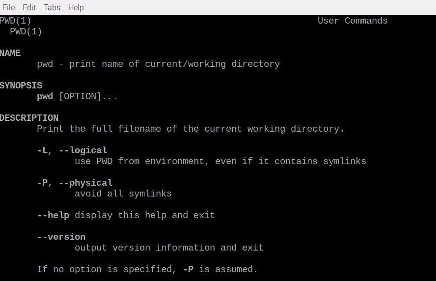 pwd command man flag output