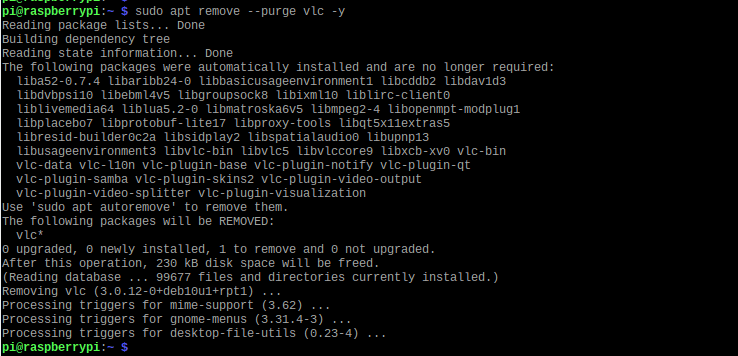 Remove VLC media player with apt command