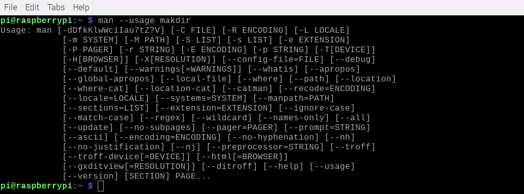 man Command Output with --usage flag